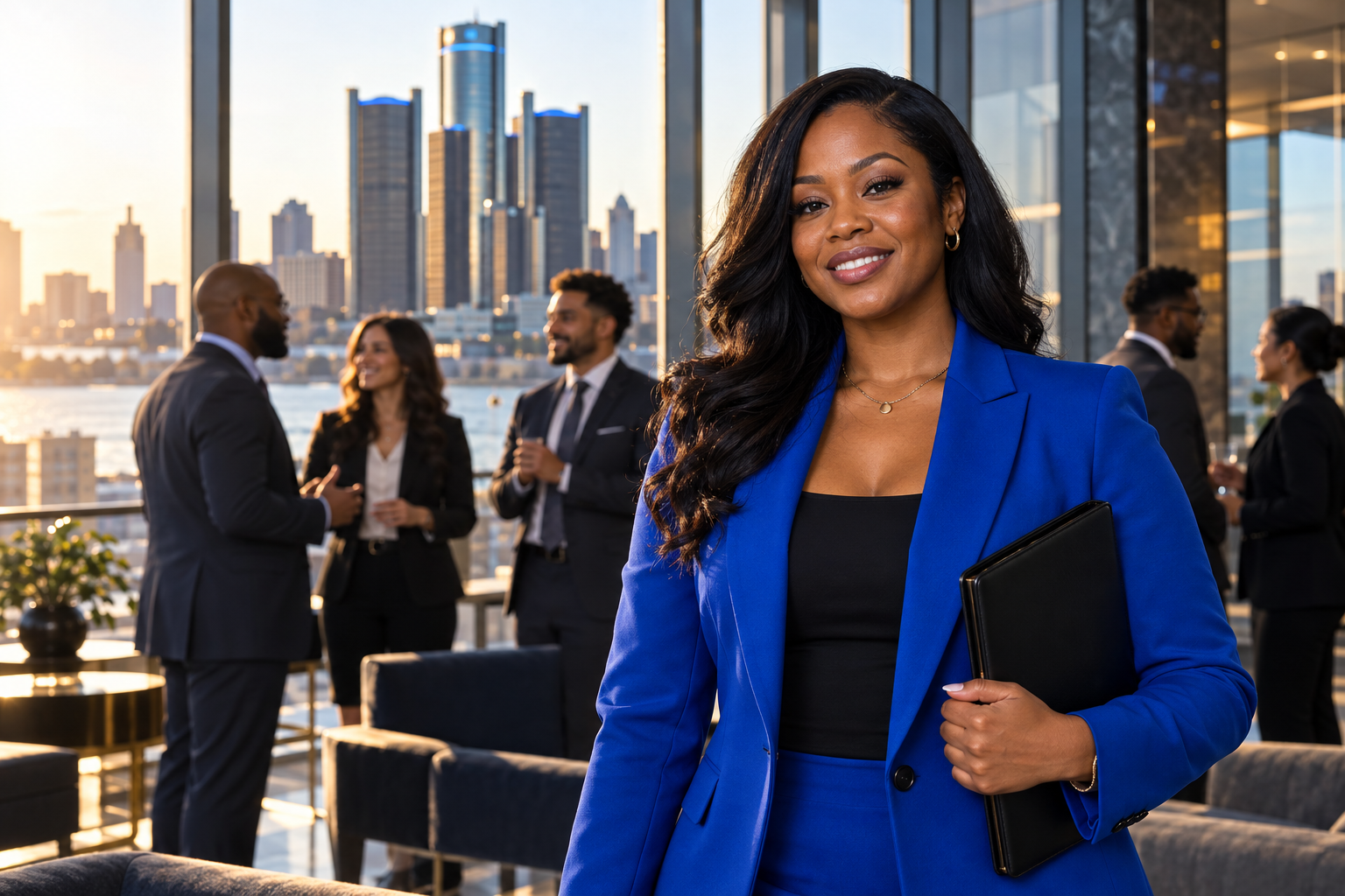 Illustration of a confident sales professional in a blue blazer at a business networking setting